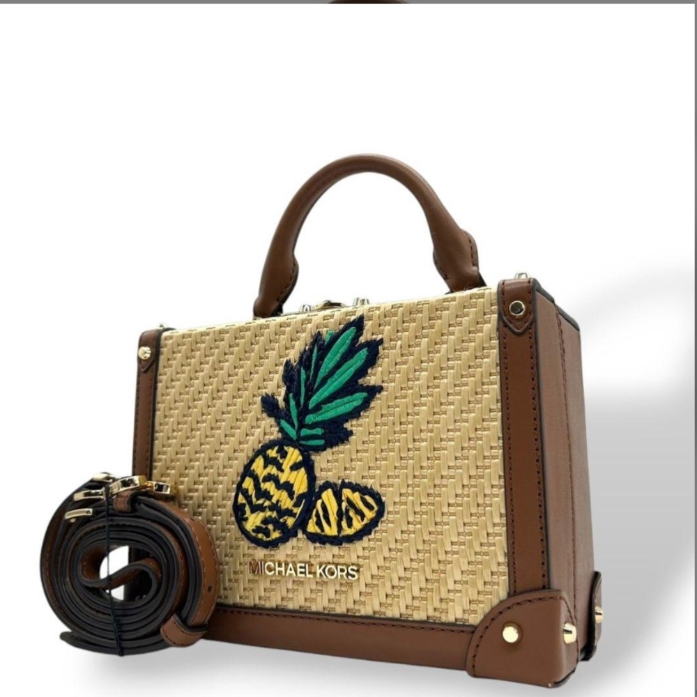 Michael Kors Tan Brown Straw Satchel with Pineapple Embroidery
